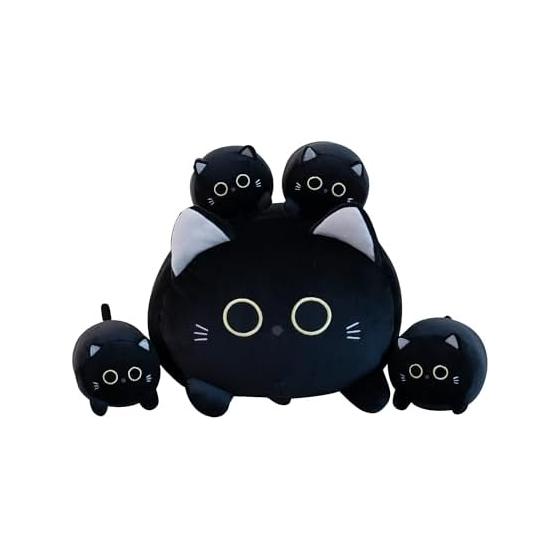 Hugging Pillow, Stuffed Toy, Large Cat, Animal, Cute - Mama s Cat and 4 Kittens on Stomach - Cat, Hugging Pillow, Animal, Black Cat Stuffed Toy,