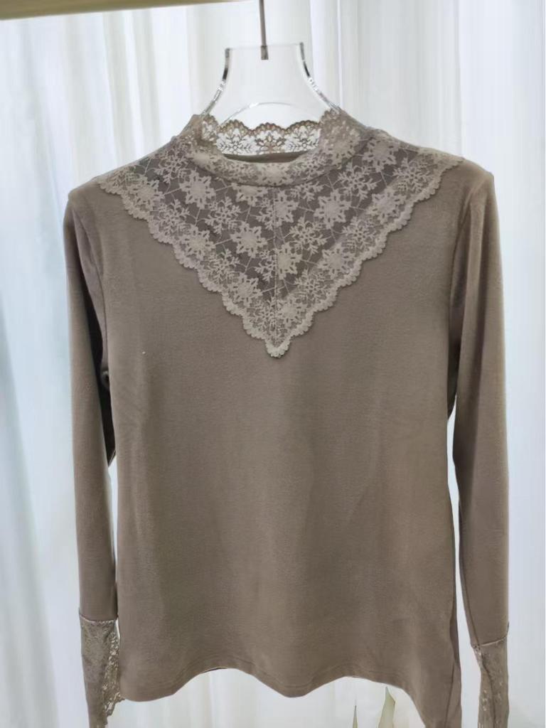 Women's Long-Sleeve Lace Semi-High Neck Fleece Mesh Top for Autumn/Winter