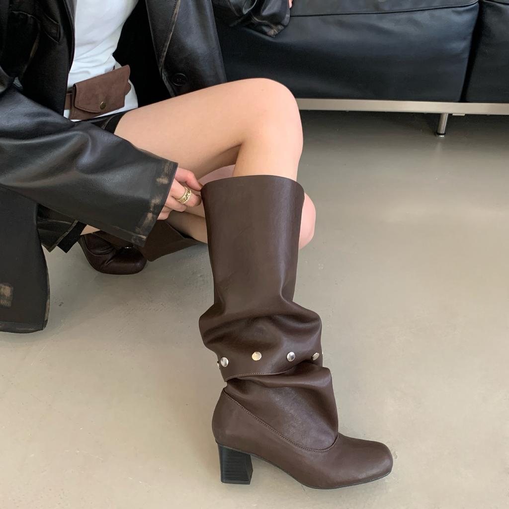 Two Wear Removable Knee Boots 2025 Summer New Retro Thick Heel Rivet High Tube Stacking Boots