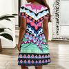 Women Oversized V Neck Short Sleeve Dress Retro Leaf Printed Flowy Dress For Countryside Trip And Everyday Wear
