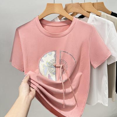 New Chinese Style White Short-sleeved T-shirt for Women's New Chinese Style Women's Round Neck Cotton T-shirt Short Ironing Top