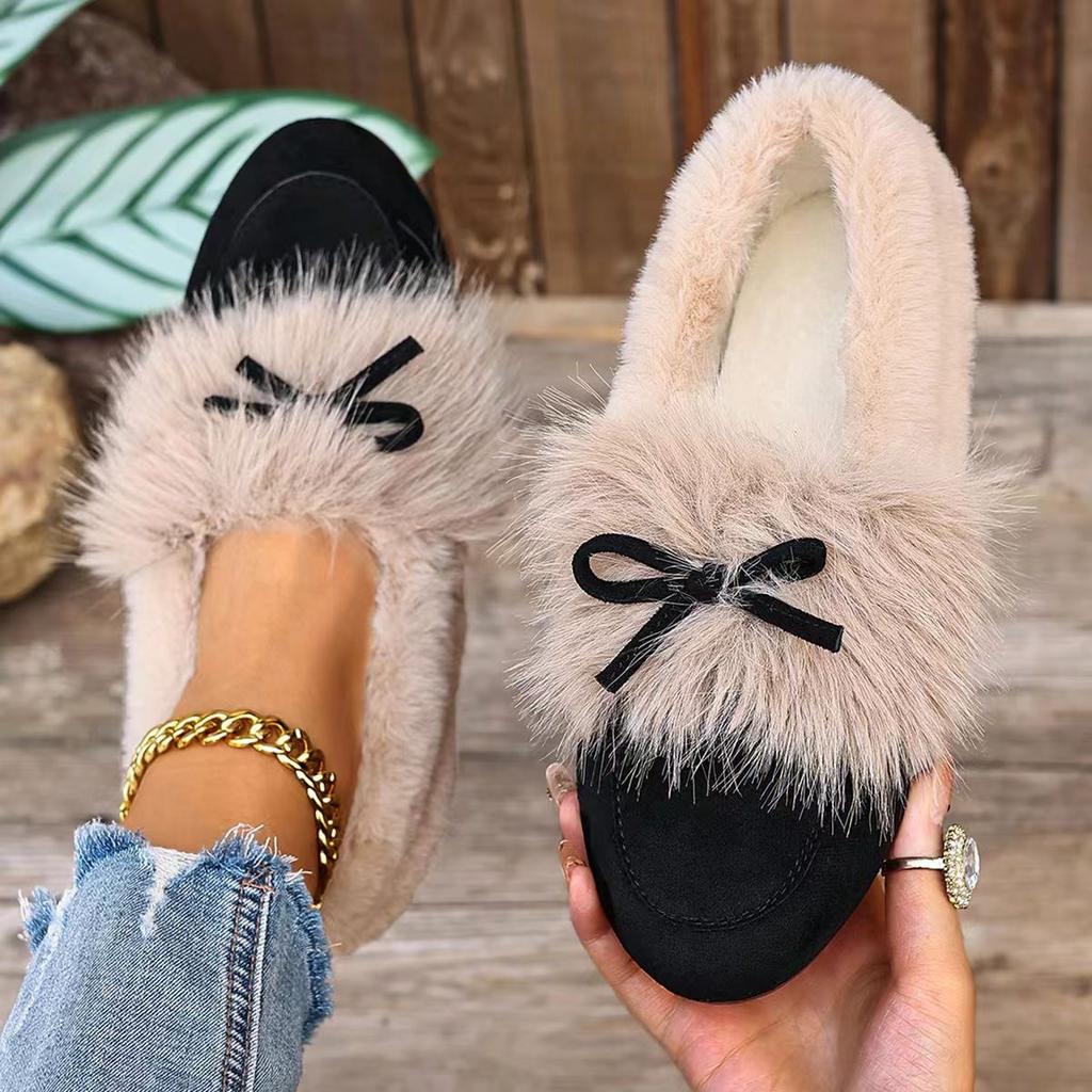 Scarpe Basse Pellicciose Stile Coreano da Donna, Mocassini Slip-On Punta Tonda con Fiocco, Scarpe Invernali Foderate in Peluche Multicolore