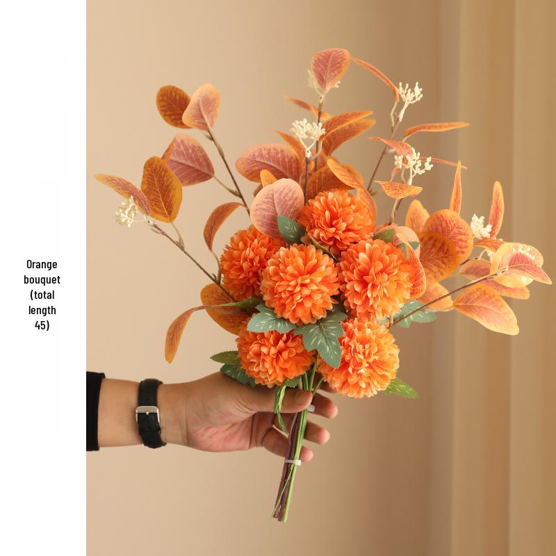 Eucalyptus Ball Chrysanthemum Bouquet in Ceramic Vase - Artificial Dried Flowers for Living Room or Dining Table Decor