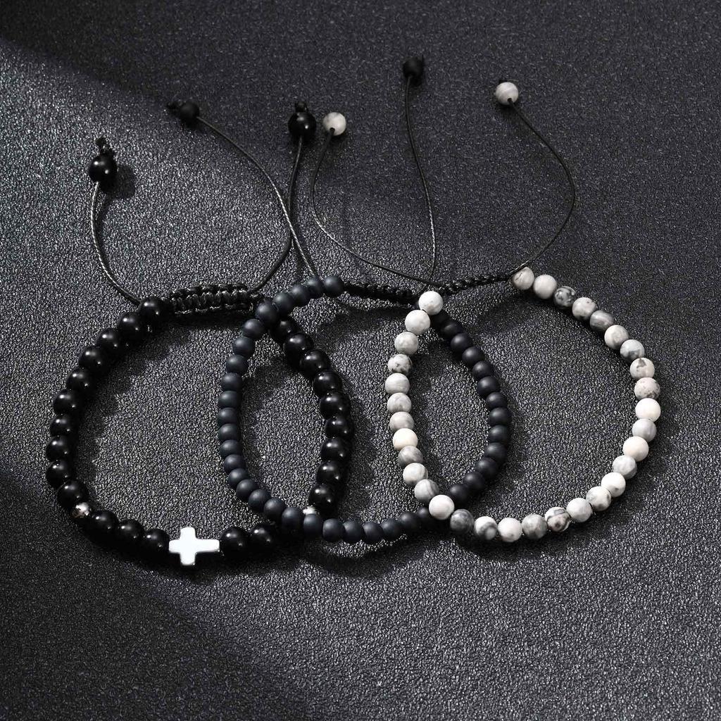 3 Stück Herren Perlenarmband, Vintage Schwarz Weiß Naturstein Perlen Verstellbares Armband, Cooles Schmuckgeschenk für Ihn