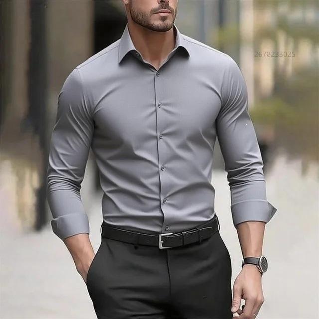 Mens Business Casual Long Sleeve Solid Color Turn Down Collar Non Iron Plus Size Shirt M серый