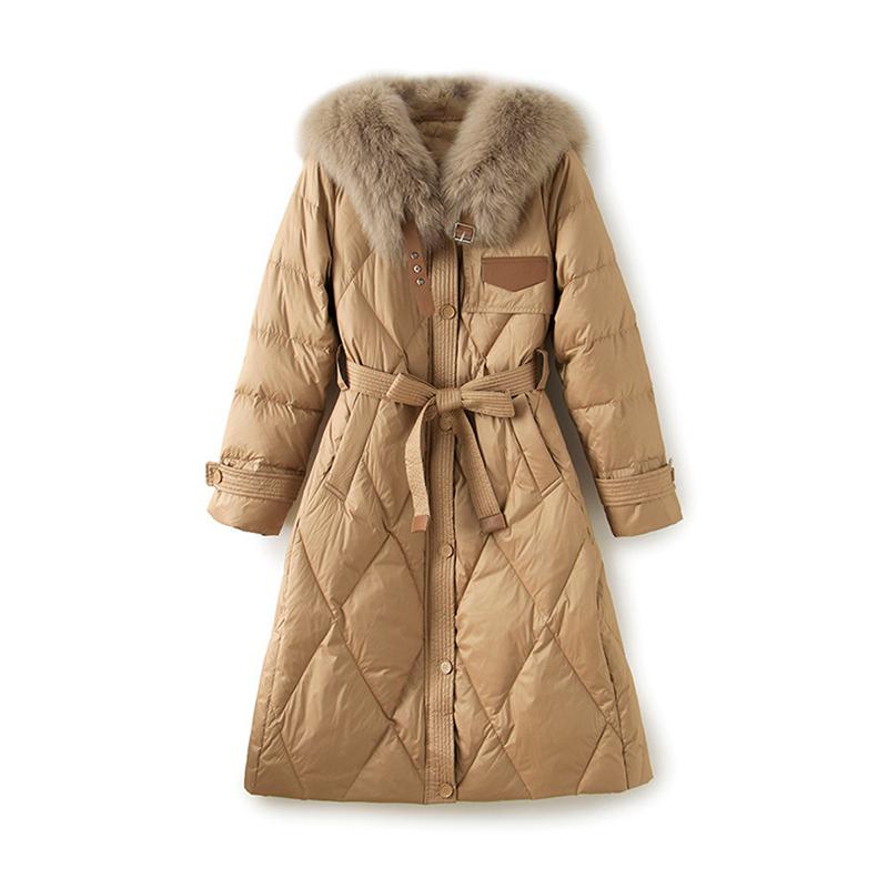 Winter Faux Fur Collar High End Knee Length Down Jacket Female Warm Long Parker Jacket Women White Duck Down Lace Up Outwears