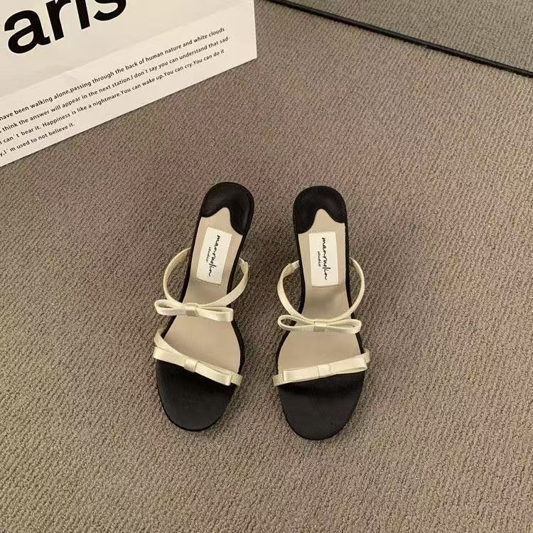 Bow square head open-toed high heels versatile slippers French stiletto strap sandals women's 2025 summer and autumn new models
