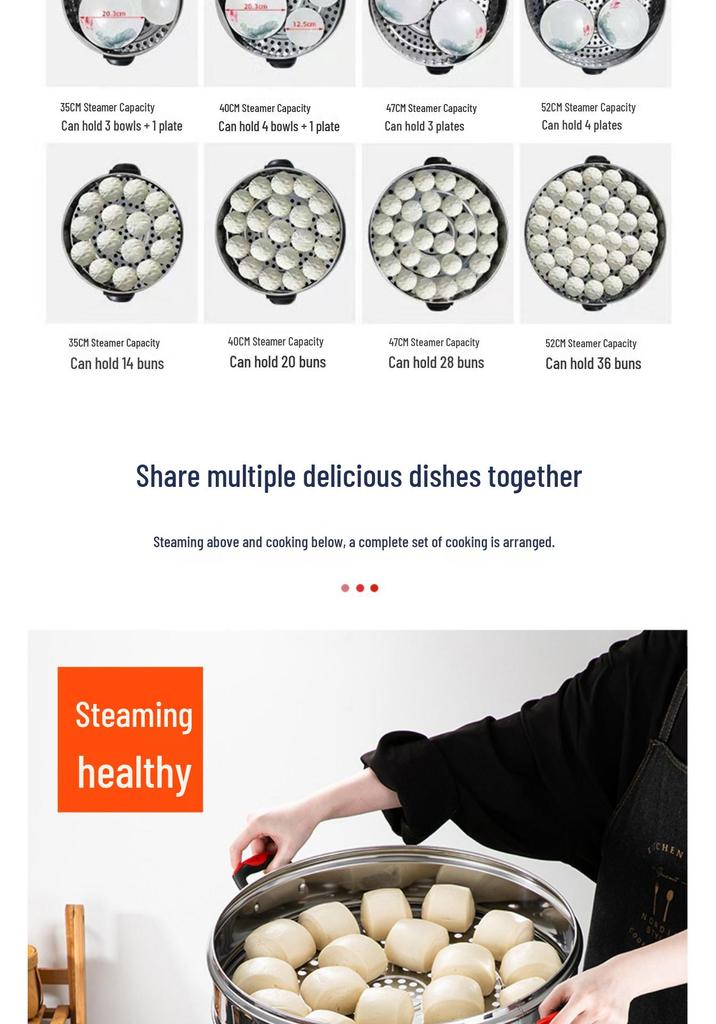 52cm Multifunctional Electric Steamer with Auto Shut-off, Keep Warm Feature, Stainless Steel, Three Layers