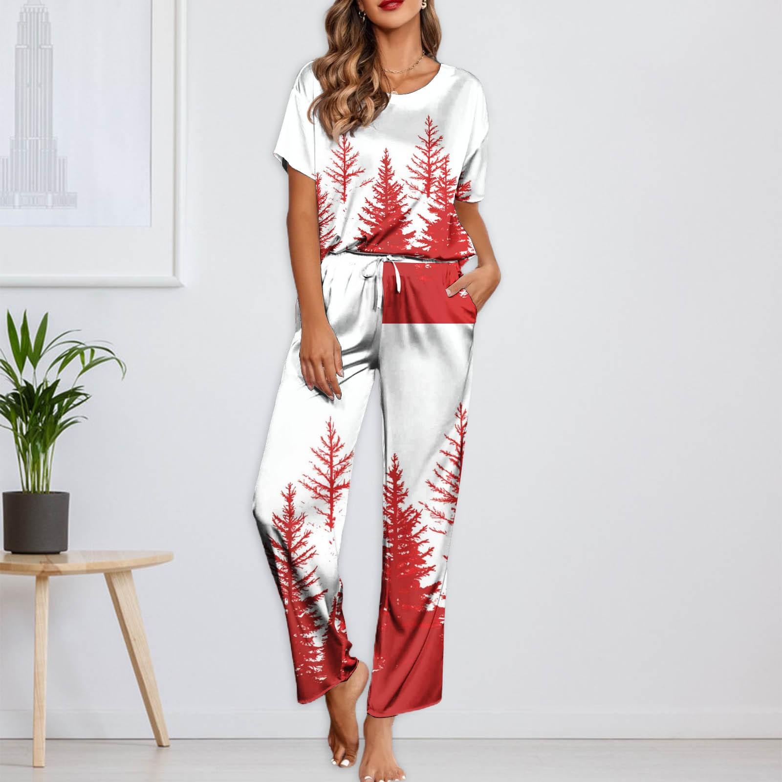 

Женский шелковый атласный пижамный комплект с рождественским принтом, рубашка с коротким рукавом и длинные пижамные штаны, мягкая домашняя одежда S белый