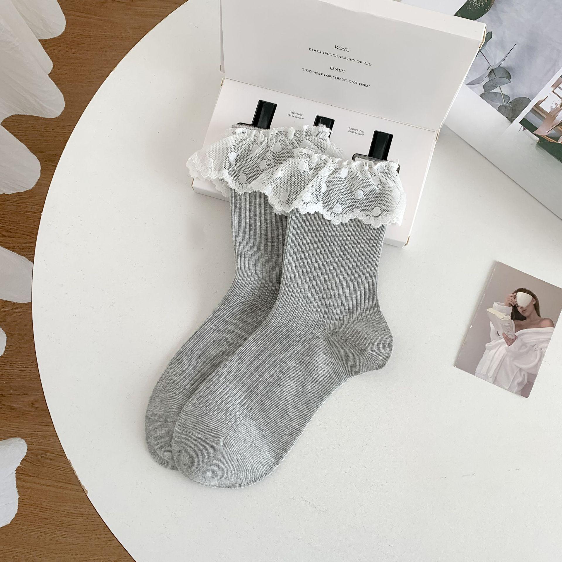 

Женские весенне-летние хлопковые носки балетного фасона с кружевной отделкой 1 pair светло-серый