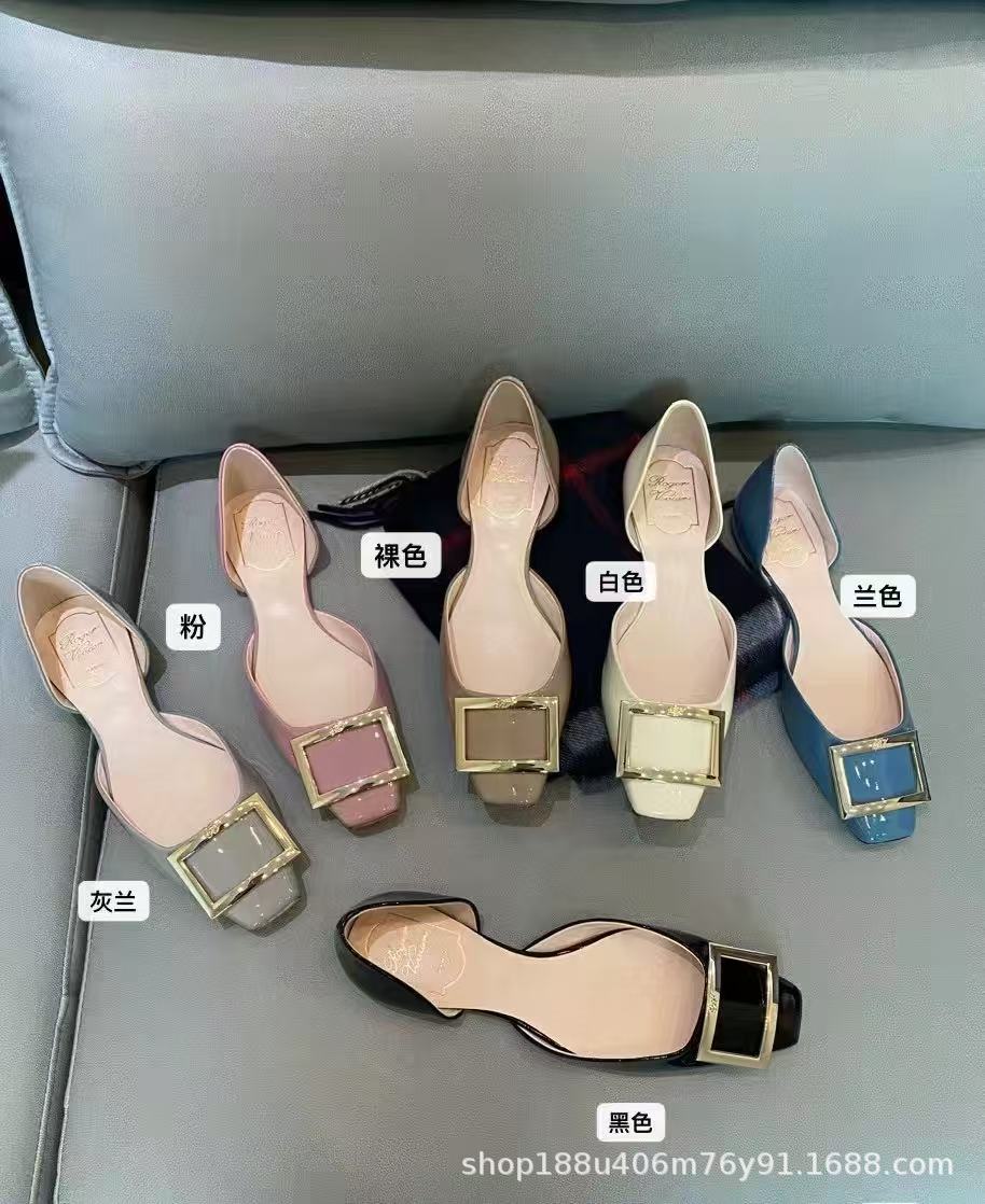 

2025 spring new product high-end elephant gray patent leather rv square buckle hollow single shoes women s flat bottom square head sandals women s 35