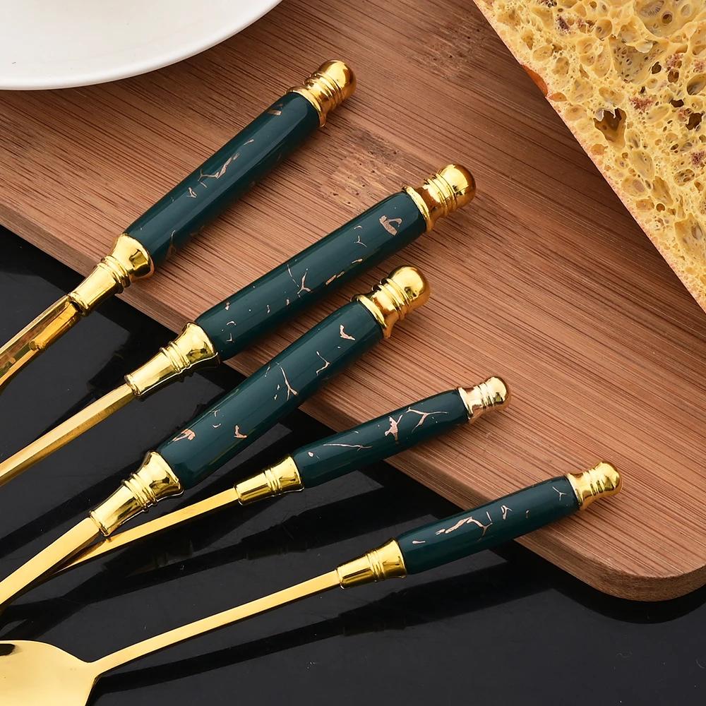 24Pcs Green Gold Dinnerware Set Stainless Steel Cutlery Set Kitchen Fork Knife Spoon Tableware Set Flatware Set Silverware Set