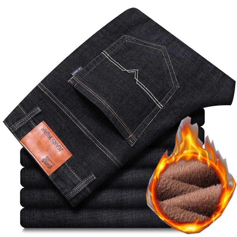 Fashion Padded Thickened Jeans Men's Autumn and Winter Models Loose Straight with Flannel Warm Men's Winter Trousers