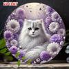 D Flat White Persian Cat Metal Sign Cute Fluffy Kitten with Purple Daisy Flower Crown Vintage Pastel Floral Art Rustic Metal