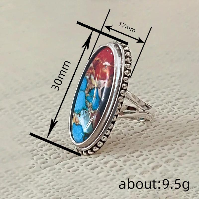 Long oval noble noble finger wrench, European and American style colored marble texture, niche ring