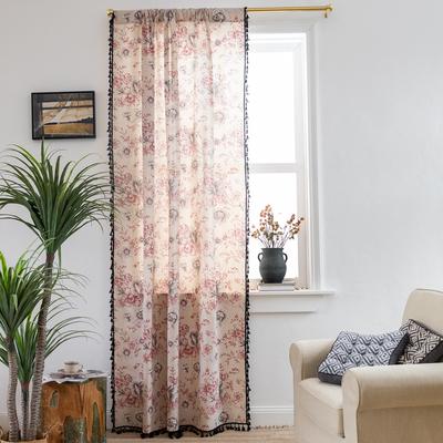 Curtain Finished Black Fringed Cotton And Linen Lace Red Printed Rose Small Window Kitchen Curtain