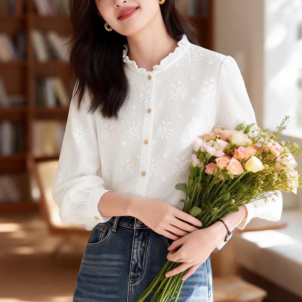 Women's Elegant Apricot Embroidered Cotton Long Sleeve Shirt with Wood Ear Collar - 2026 Spring Collection