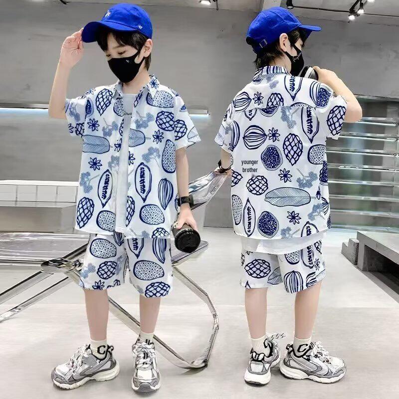 

Boys Cool & Stylish Summer Set: Ice Silk Short-Sleeve Shirt & Shorts Two-Piece 110 cm