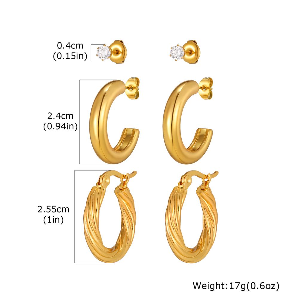 3pcs Set Stainless Steel Twists Texture Large Hoop Earrings for Women, Gold Plated Cubic Zircon Stud Earrings, Fashion Jewelry