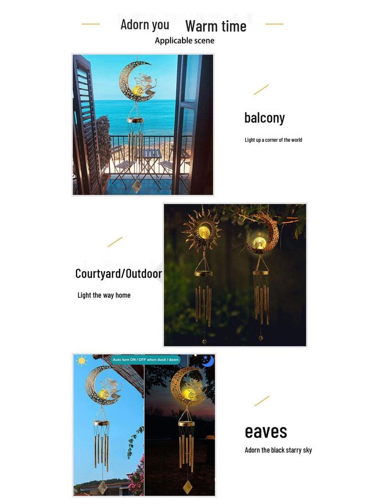 Lumière Carillon Solaire Lune Vent: Décoration Suspendue d'Extérieur en Fer Forgé pour Jardins, Balcons, Terrasses - Étanche.