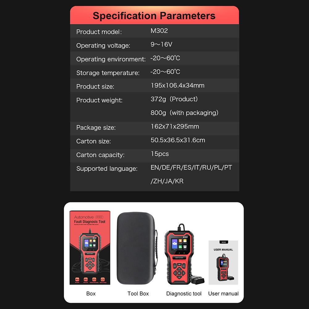 Clear Fault Code Reader M302 Automotive Fault Diagnosis Tool Multi-language Car Accessories Car OBD2 Scanner