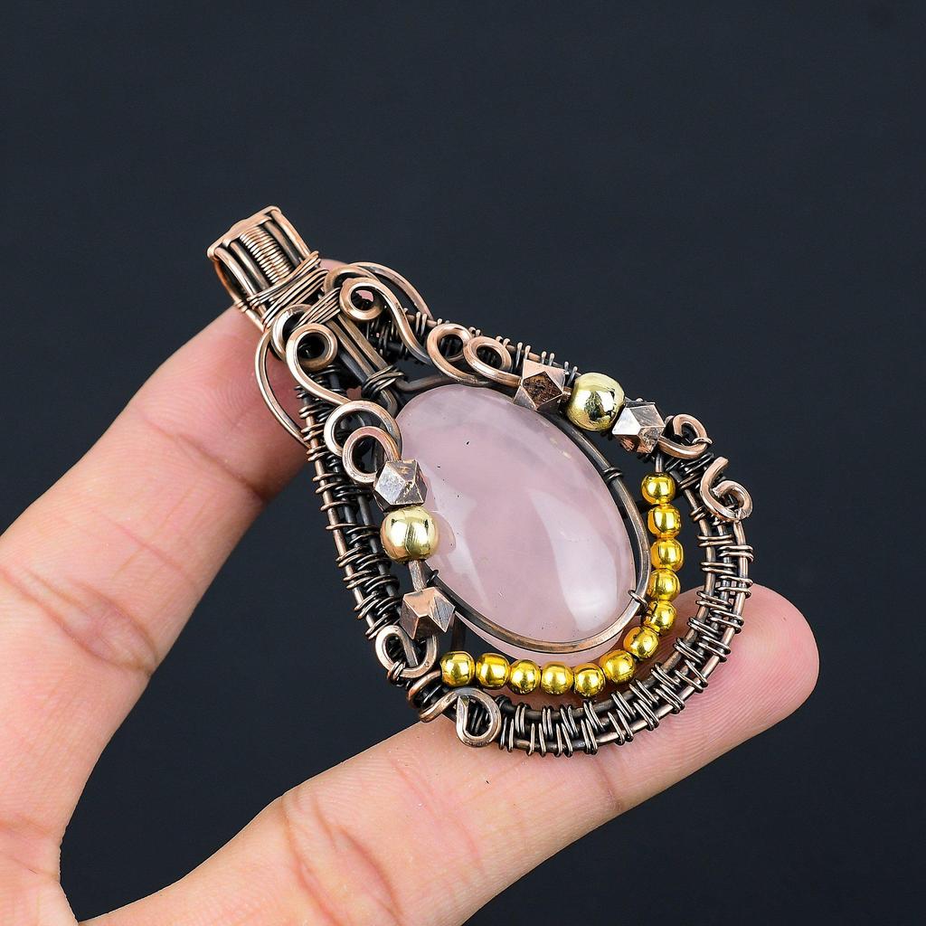 Rose Quartz Jewelry, 999 Copper Wire Wrapped Pendant Handmade Gemstone Jewelry, Gifts For Wife Brand New Pendant