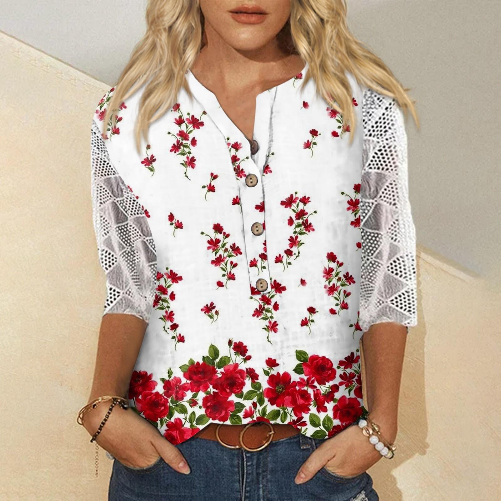 

Жіночі сорочки з V-подібним вирізом і рукавами 3/4, мереживні повсякденні блузки з принтом, вільні робочі туніки S винний