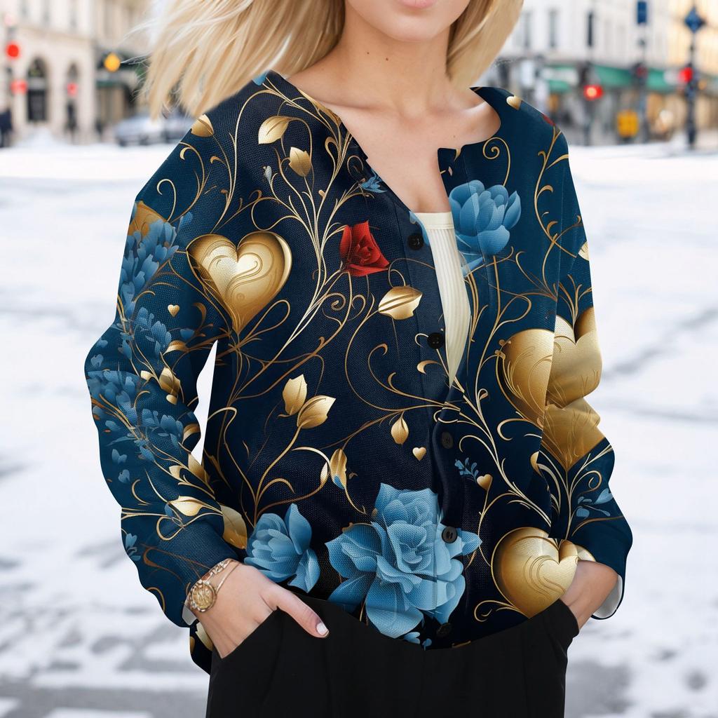 Women's Fashion Valentine's Day Printed Long Sleeve Cardigan Button Jacket