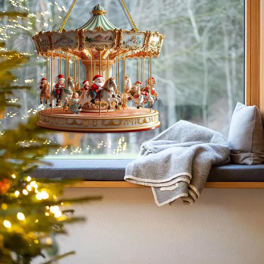 2D Santa Carousel Christmas Hanging Ornament Scene Traditional Festive Decoration Merry-Go-Round Christmas Ornaments Xmas Decor