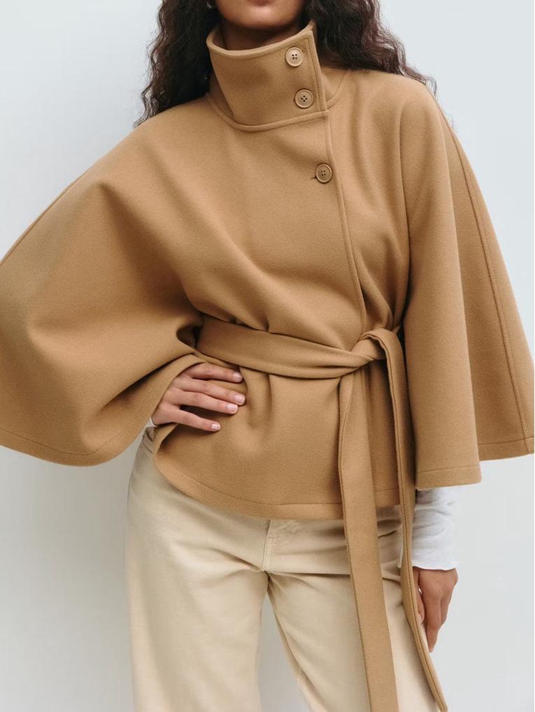 2025 Women's Solid Color Cape Trench Coat with Stand Collar and Belt for Autumn and Winter