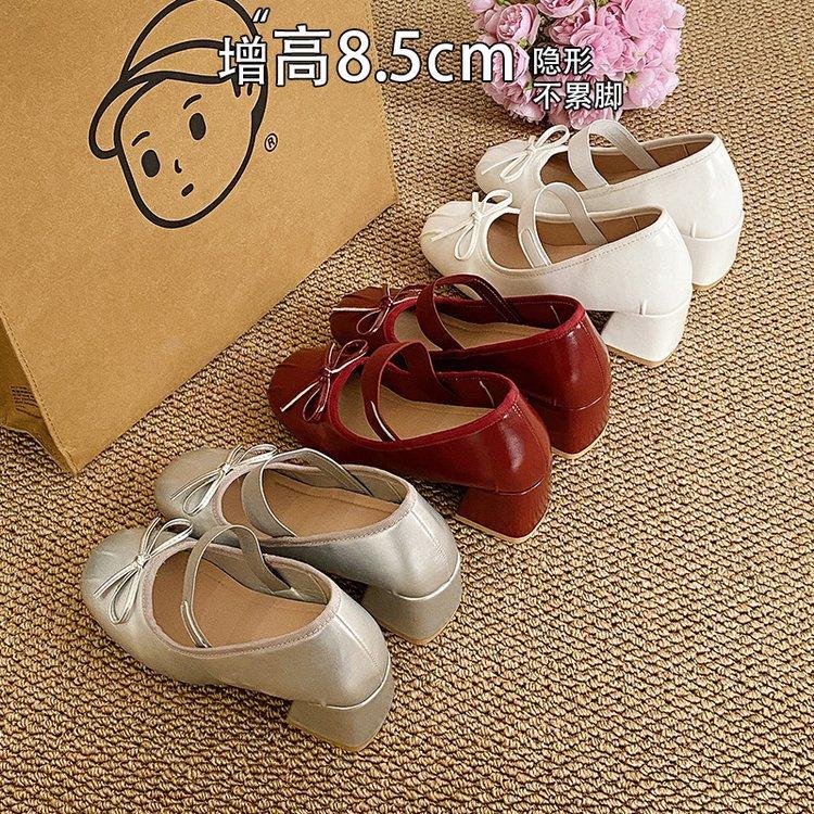 French ballet single shoes women's sweet bow red silk small leather shoes round head high heel Mary Jane single shoes women