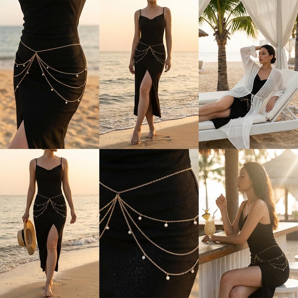 Boho Multi Layered Faux Pearl Drop Belly Chain for Women Dainty Tassel Waist Belt Body Jewelry for Beach Festival