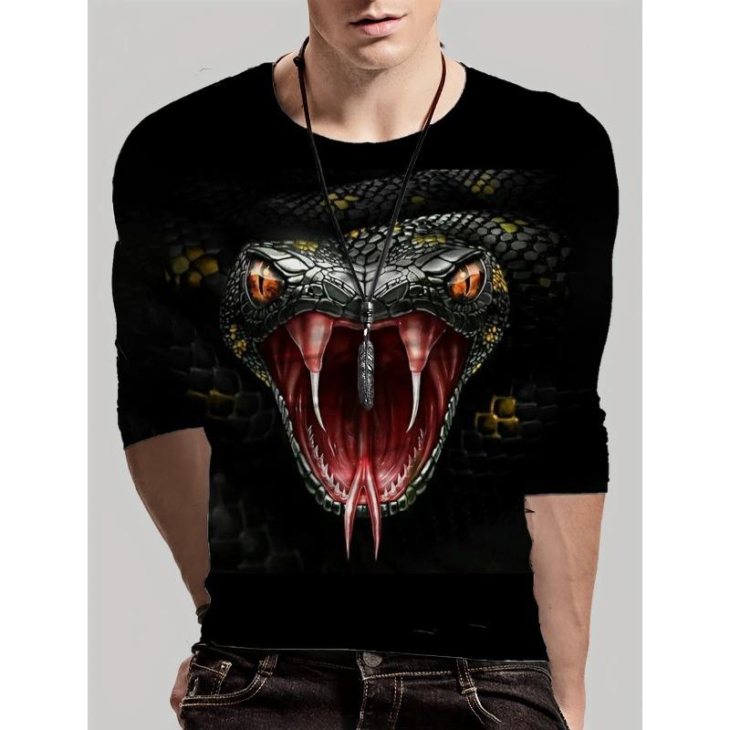 Round Neck 3D Snake Printed Top Casual Long Sleeved Men's T-shirts - Soft Medium Stretch Polyester Fabric Spring and Autumn Relaxed Fit Clothing