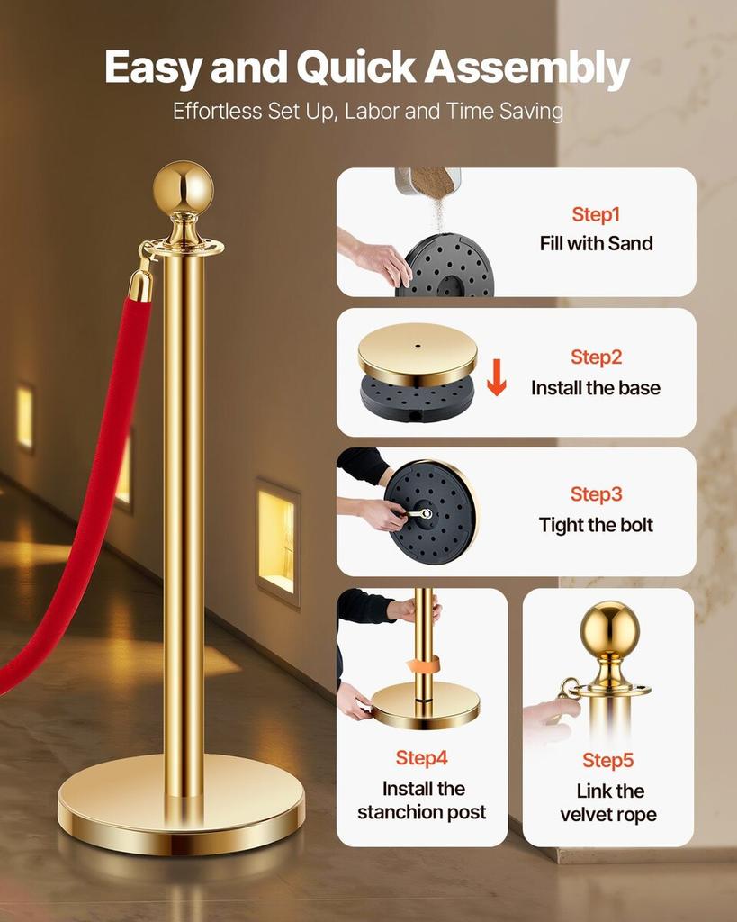 4 Pcs Gold Stanchion Post 2 Red Velvet Ropes Sand Injection Hollow Base