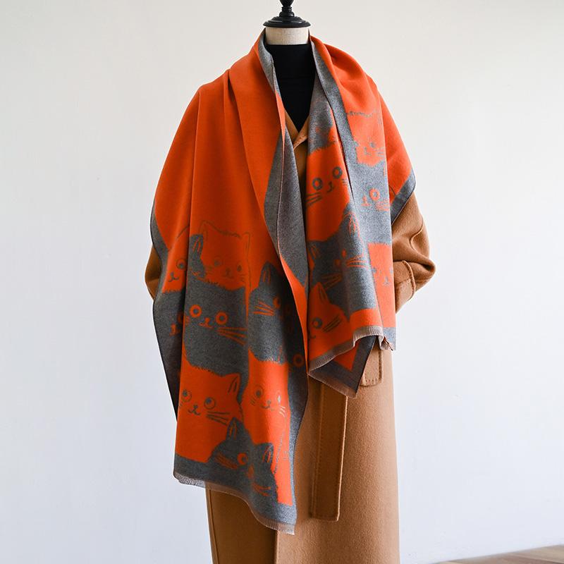 NEW Winter Kitty Women Pashmina Scarves Fringe Wrap Warm Fashion Brands Designer Cashmere Two-Sided Scarf Blanket Soft Shawls