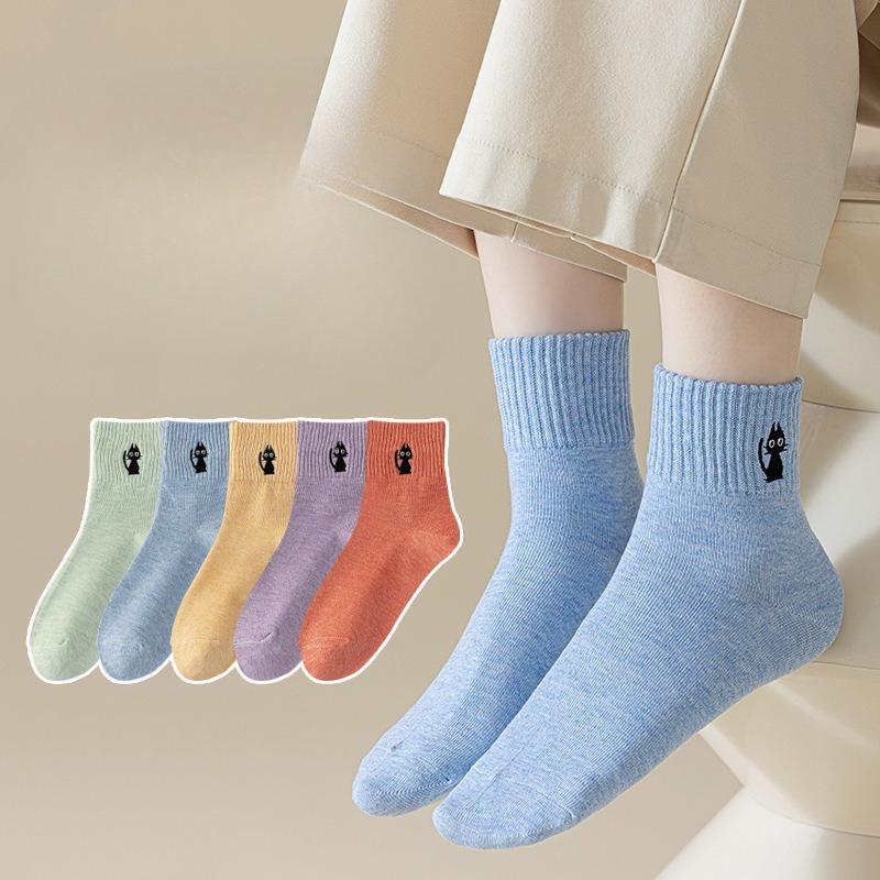 Women's Spring and Summer Cat Embroidered Macaron Colored Mid Calf Cotton Socks