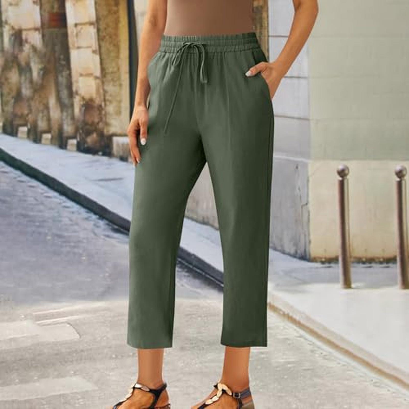 Women s Cropped Pants With Waist Drawstring, Summer Casual Cropped Pants Cotton Cropped Pants L