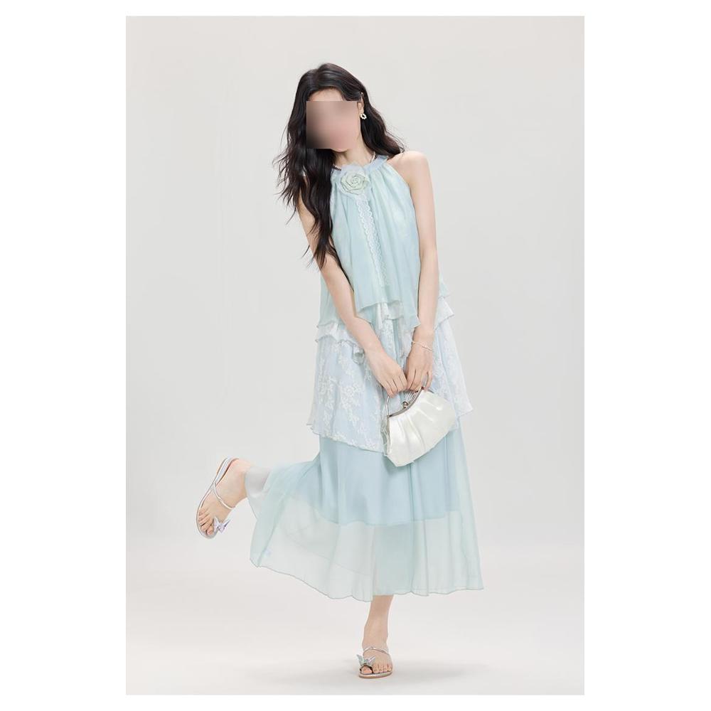 Seaside Vacation Wind Mint Green Neck Dress Irregular Lace Splicing Loose a Word Long Dress Women's Summer