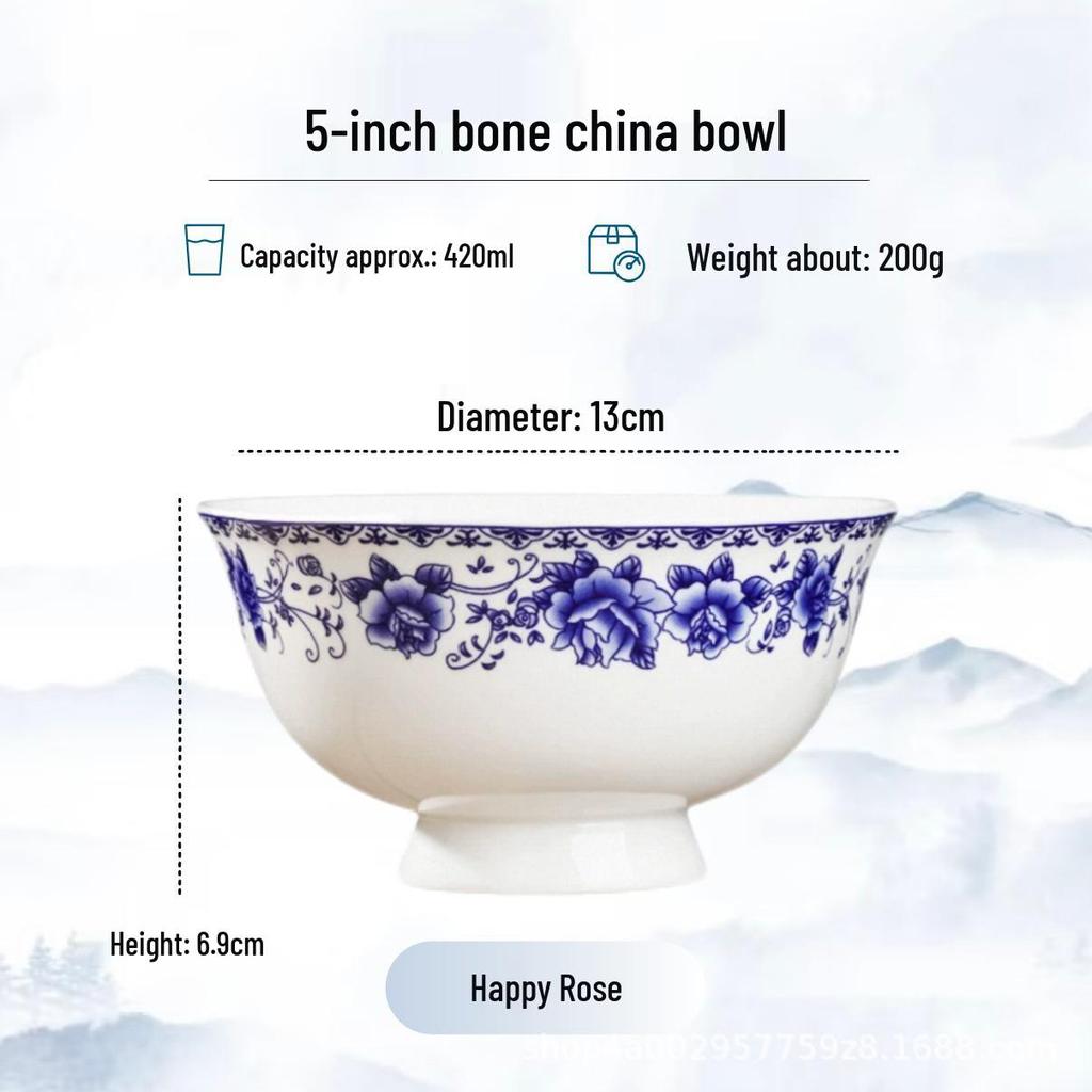Blue and White High-Foot Bone China Noodle Bowl - Chinese-Style, Anti-Scald, Customizable for Birthdays