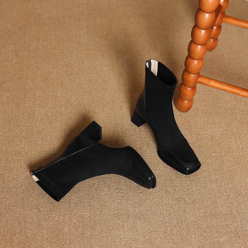 Krazing Pot Flock Autumn Winter Shoes Thick High Heels Big Size 40 Modern Boots Square Toe Keep Warm Zip Ankle Boots