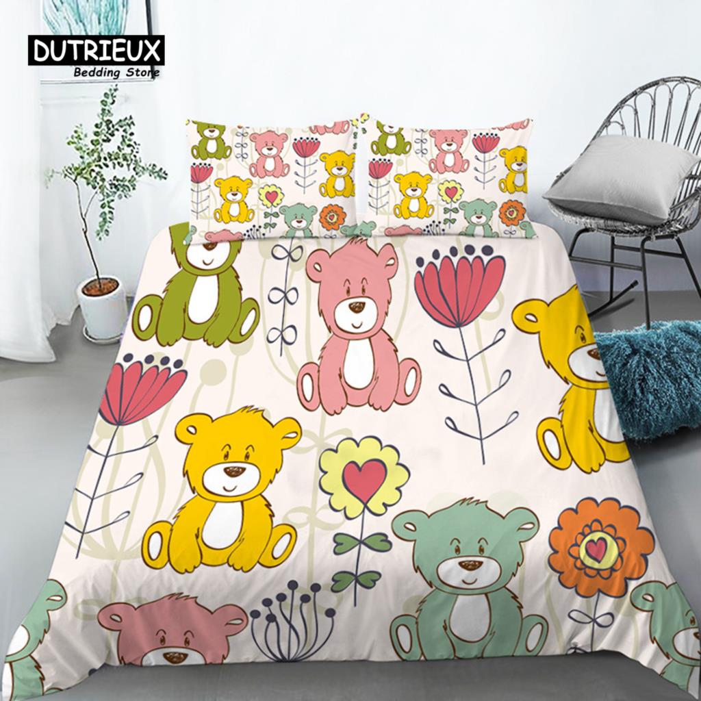 Funny Cartoon Animals Duvet Cover With Pillowcases Bear Chicken Rabbit Lions 3D Print Toddler Bedding Set For Kids Teens Decor