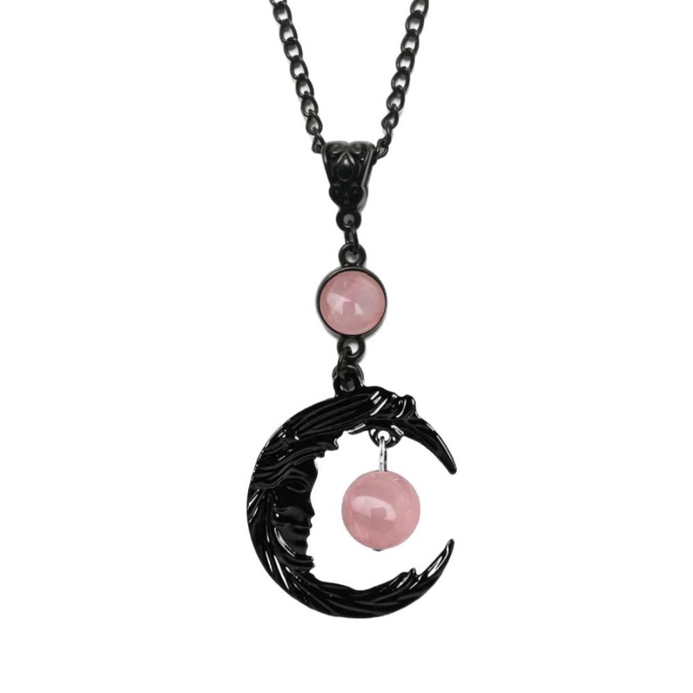Gothic Retro Natural Rose Quartz Moon Goddess Pendant Necklace for Women Halloween Party Fashion Charm Jewelry Accessories Gifts