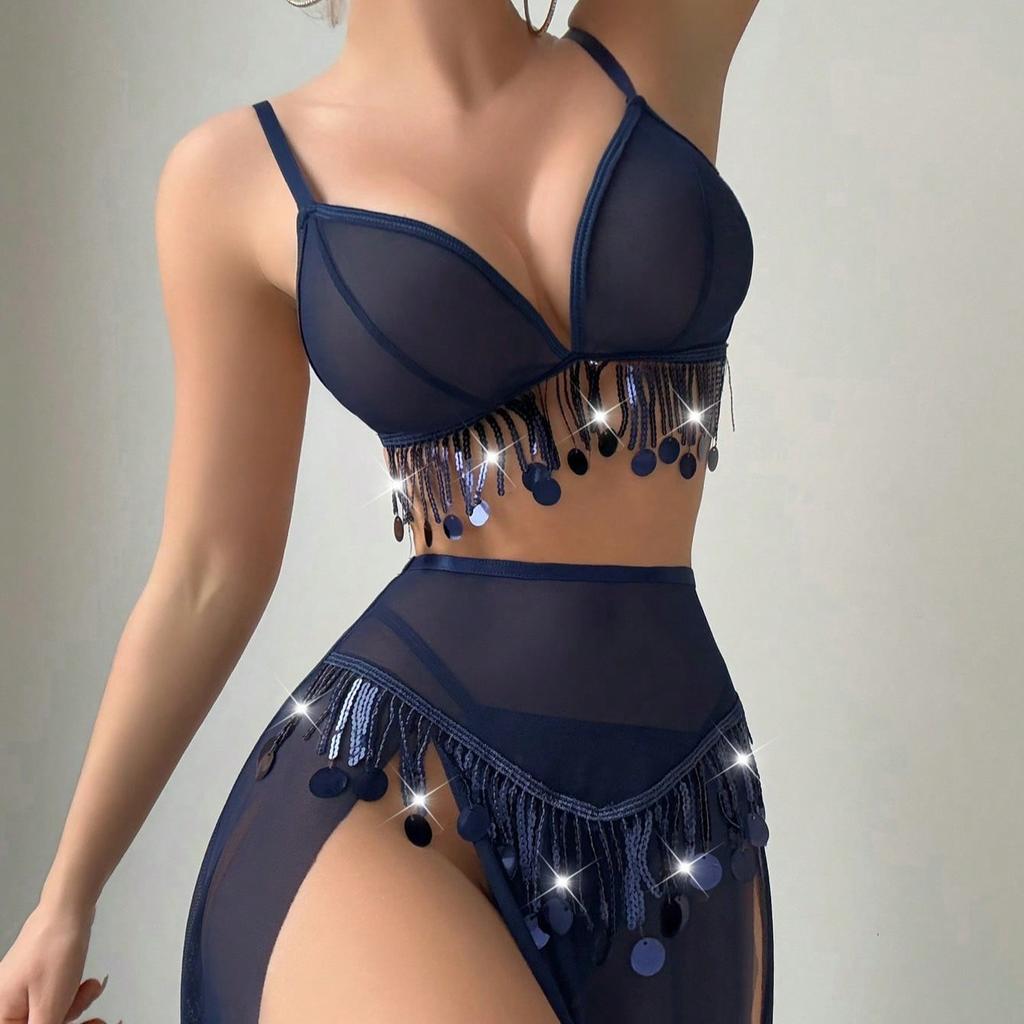 Sexy shiny hollowed-out women's underwear, long skirt set