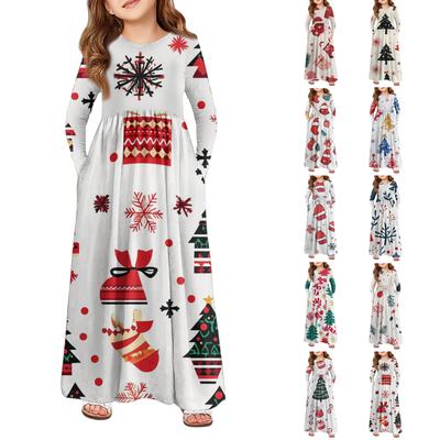 Girls' Maxi Dress - Long Sleeve Pocket Dress Christmas Day