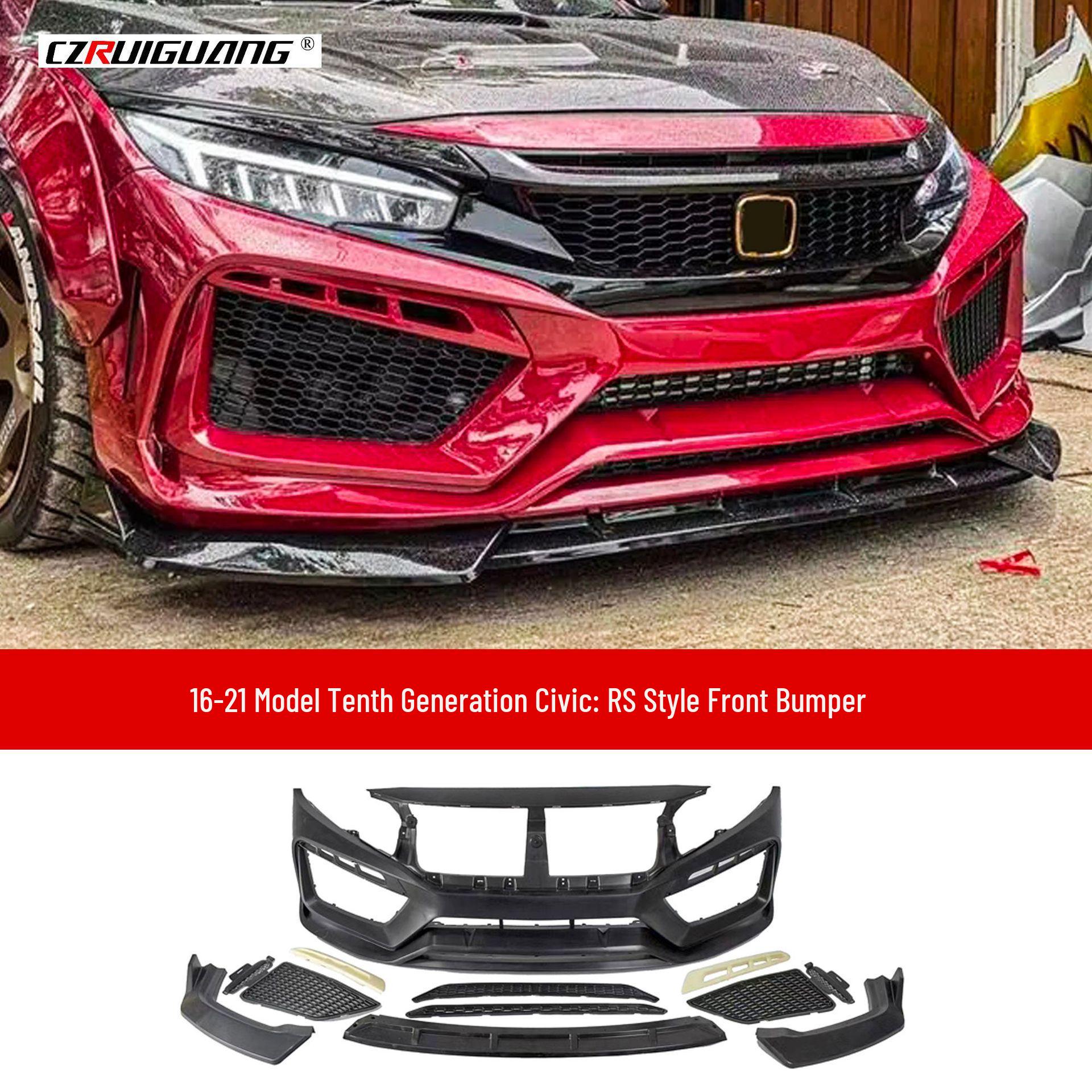Civic RS Models (16-21) Track Wide Body Kit: FC450 Front Lip, Rear Spoiler, Rear Diffuser, Side Skirts, Roof Spoiler.