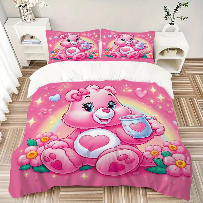 Pink Bear Heart Flowers Print 3Pcs Bedding Setduvet Cover With 2 Bedropillowcase Home Birthday Gift