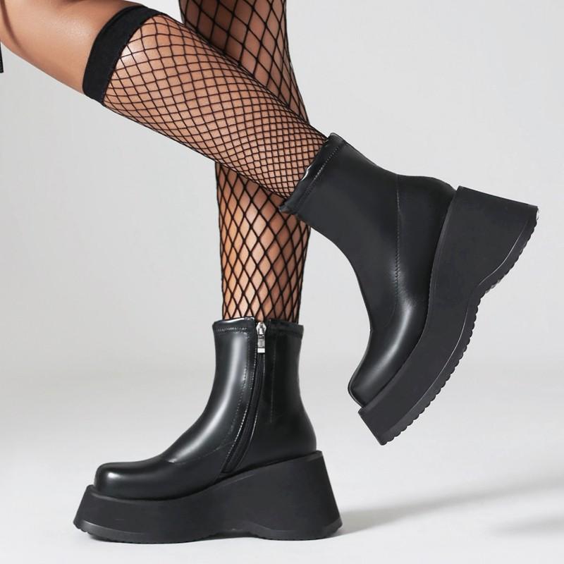 Bottines compensées à plateforme style punk gothique pour femmes, bout rond, talons hauts, courtes, fermeture éclair latérale, pointure 42