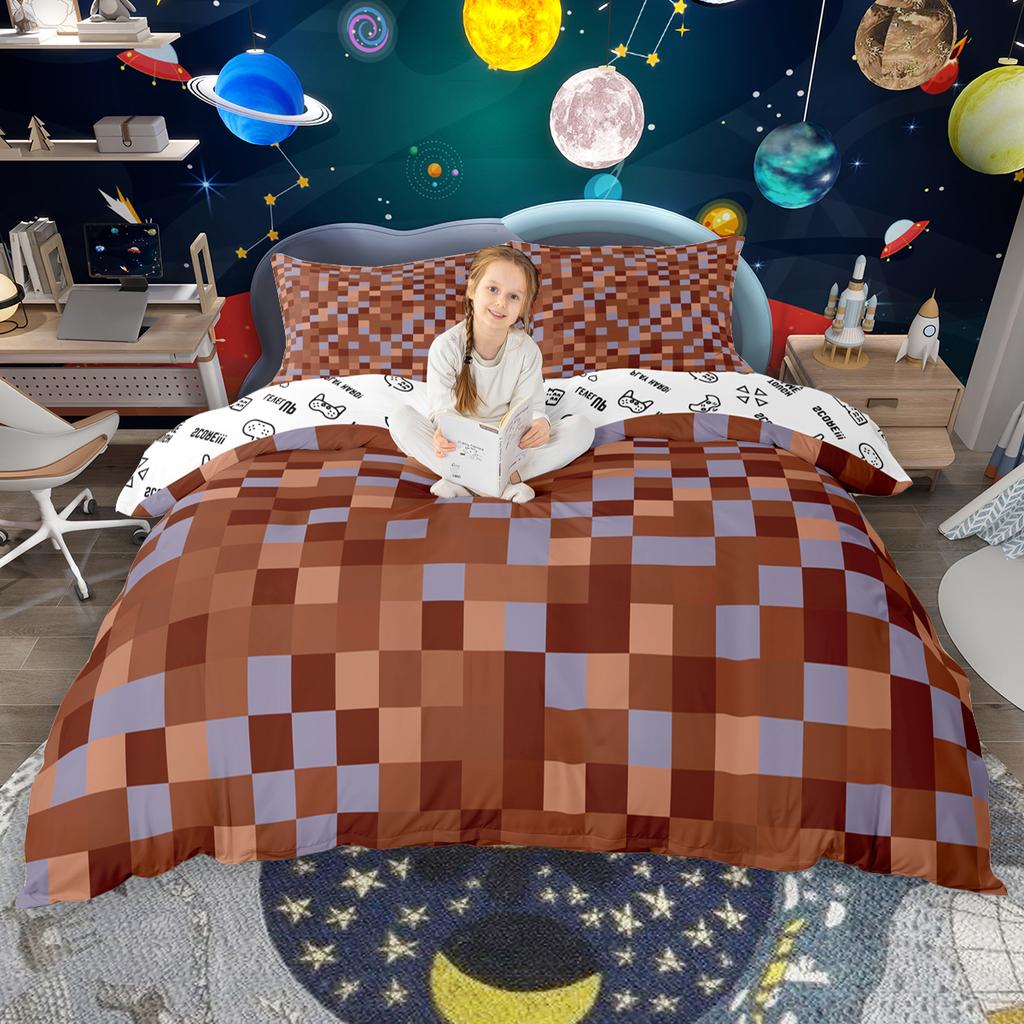 Homewish Kids Miner Game Duvet Cover Set For Boys Girls Geometric Plaid Quilt Cover SetColorful Grid Bedding Set