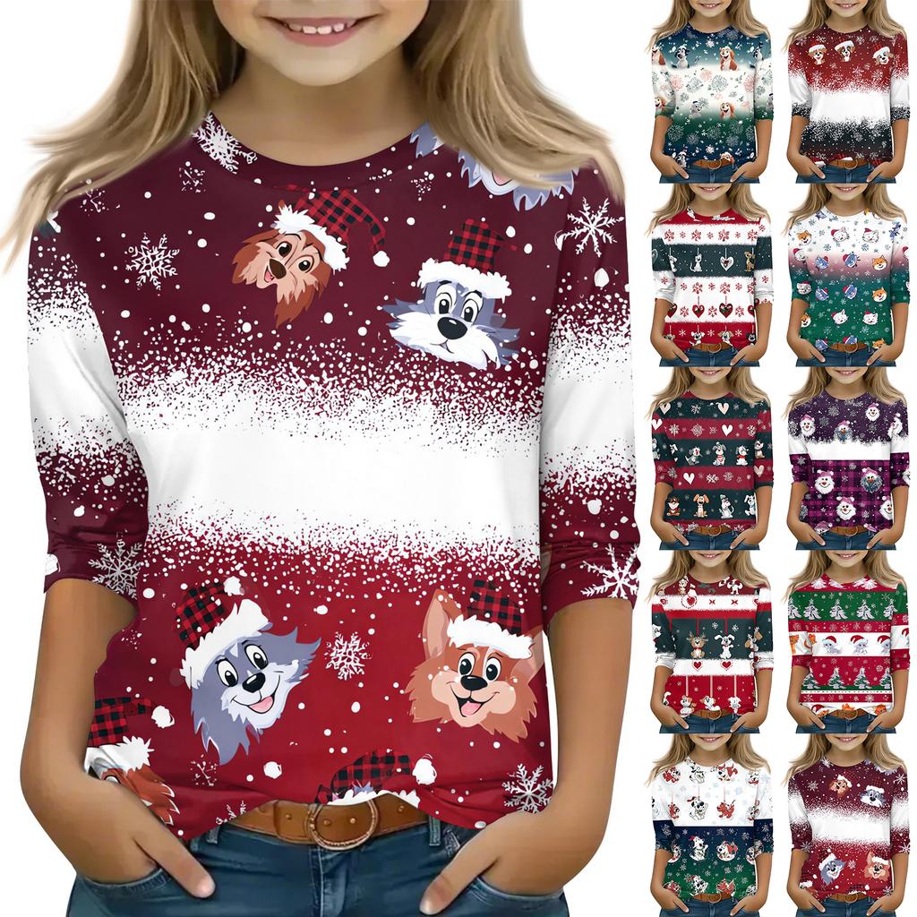 Christmas Children's 3/4 Sleeve Tops Casual  Printed Daily T Shirt Round Neck Pullover Blouse