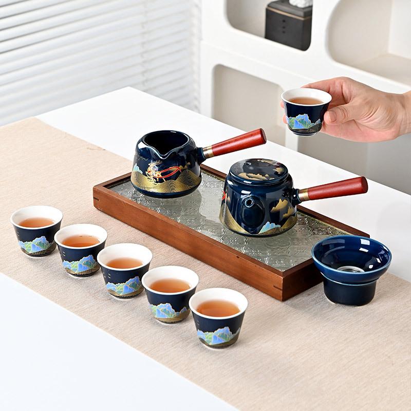 Bright glaze side handle Ji blue tea set ten-piece set gift box Kung Fu set ceramic annual meeting gift